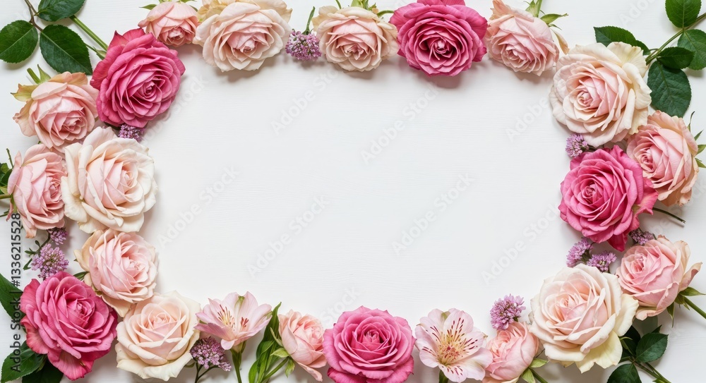Romantic Pink Rose Floral Frame in Delicate Style with Copy Space for Celebratory Events Romantic Pink Rose Floral Frame in Delicate Style with Copy Space for Celebratory Events