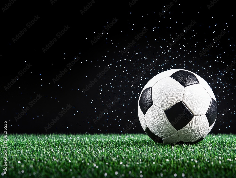 Fototapeta premium A soccer ball splashes water droplets as it rolls on lush green grass