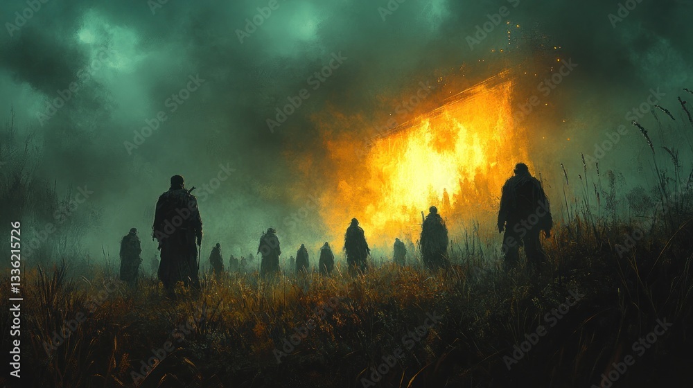 Fototapeta premium Silhouetted figures in a field, fire, and fog, apocalypse
