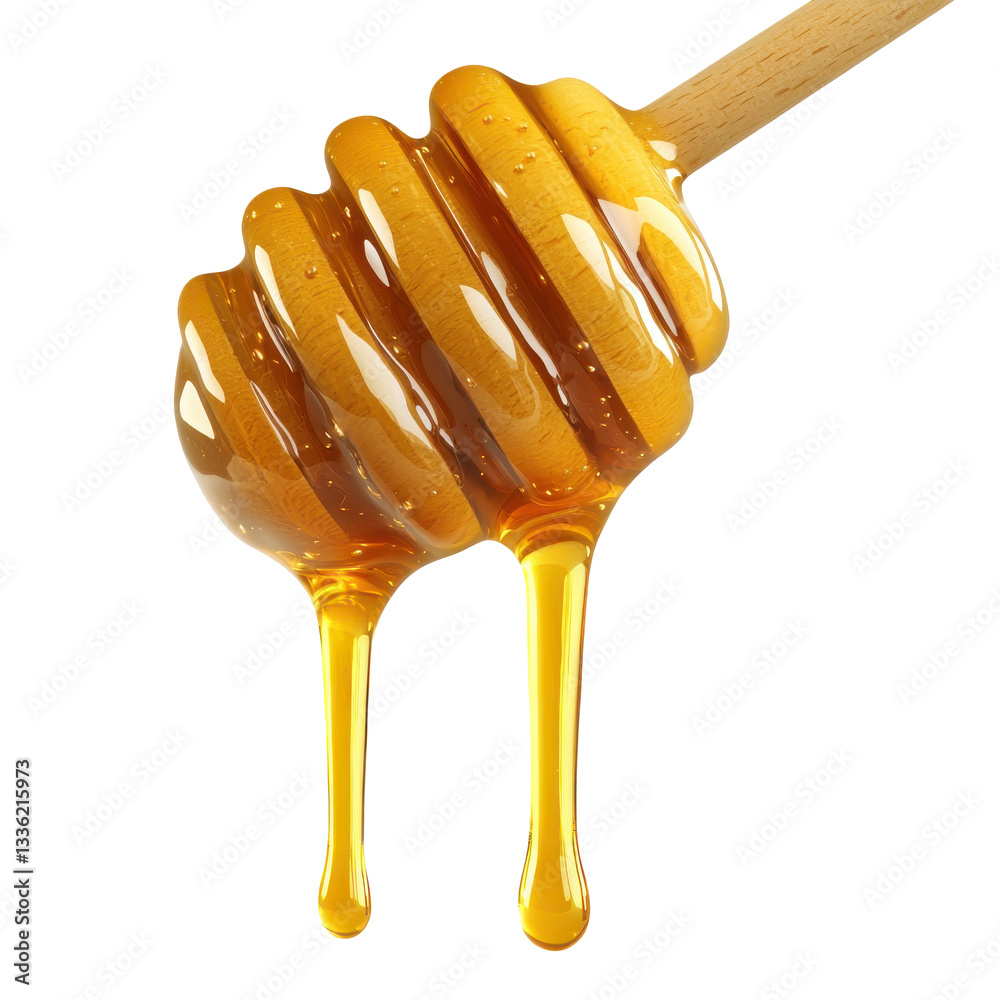 Golden honey drips from a wooden honey spoon. Golden honey drips from a wooden honey spoon.
