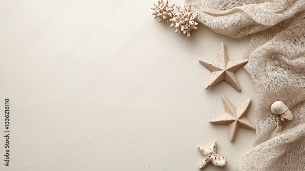Flat lay of various seashells and starfish scattered on a light beige background. Flat lay of various seashells and starfish scattered on a light beige background.