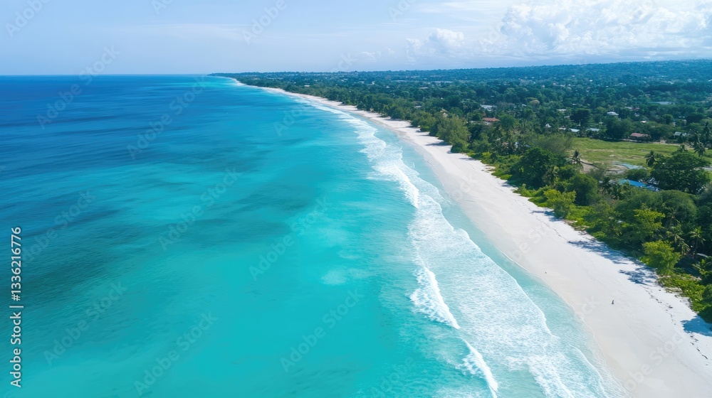 Aerial view of a serene tropical beach with turquoise waters, soft white sand, and lush greenery in the background Aerial view of a serene tropical beach with turquoise waters, soft white sand, and lush greenery in the background