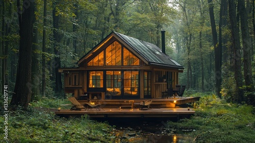 Illuminated wooden cabin nestled in a lush forest at night.