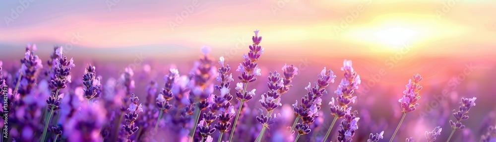 Obraz premium field of vibrant lavender flowers stretches towards colorful sunset, creating serene and calming atmosphere. purple hues of flowers contrast beautifully with warm tones of sky