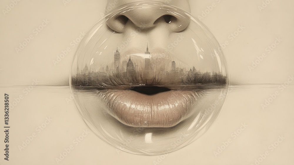 Naklejka premium Lips, bubble, NYC skyline, water, close-up, abstract, art, possible use print, social media