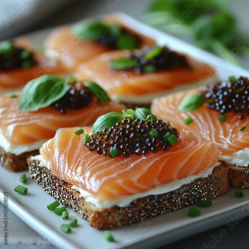 Canapes with smoked salmon and caviar. Closeup of delicious canapes with salmon and caviar 