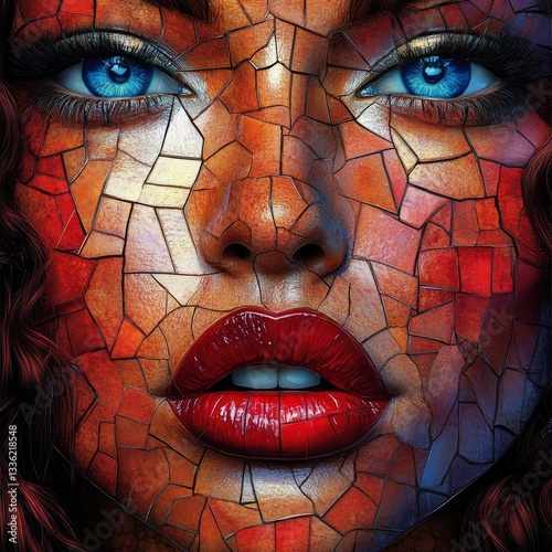 A close-up of a mosaic sculpture of a woman's face. The sculpture is made of small, colorful pieces of glass