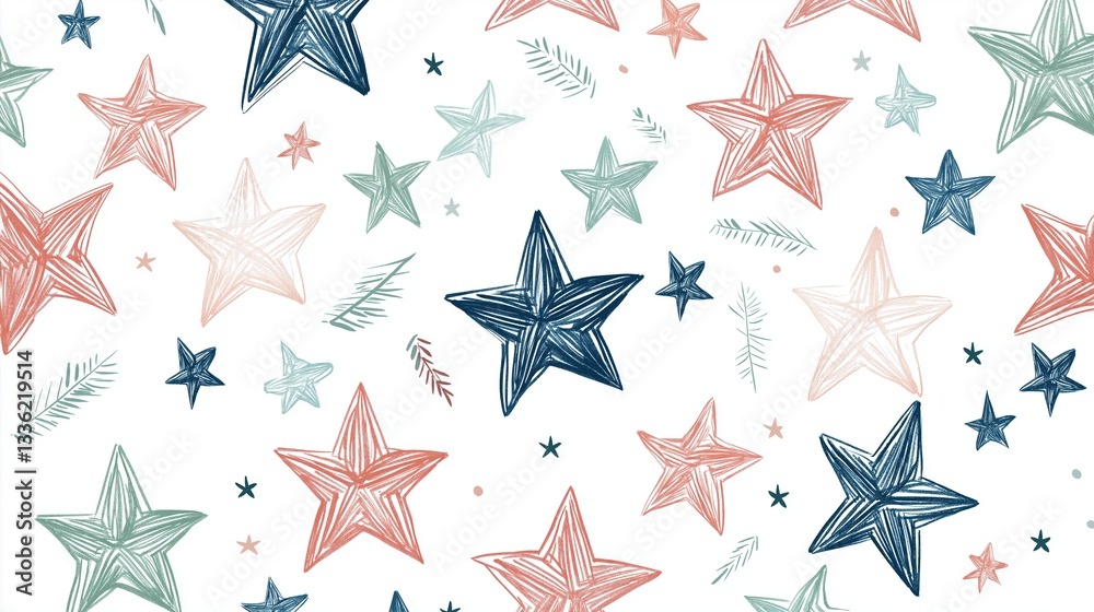 Obraz premium Seamless pattern of multiple stars in different colors and sizes. the stars are arranged in a repeating pattern on a white background.
