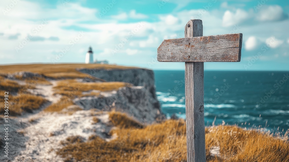 A wooden signpost on a coastal cliff, weathered by the salty ocean breeze, pointing towards a lighthouse A wooden signpost on a coastal cliff, weathered by the salty ocean breeze, pointing towards a lighthouse