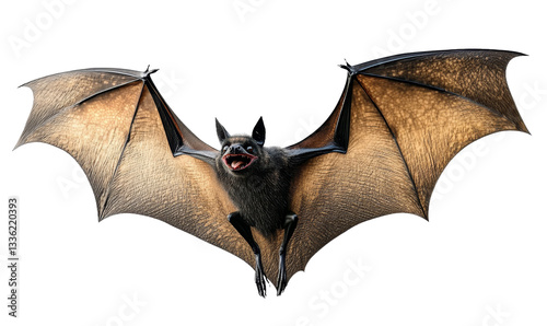 [Transparent Background PNG]Flying Bat in Mid-Air against White Background photo