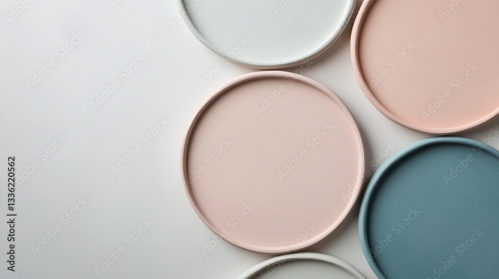Group of six circular plates arranged in a diagonal line on a white background. the plates are of different colors - pink, light blue, light green, and light pink. Group of six circular plates arranged in a diagonal line on a white background. the plates are of different colors - pink, light blue, light green, and light pink.