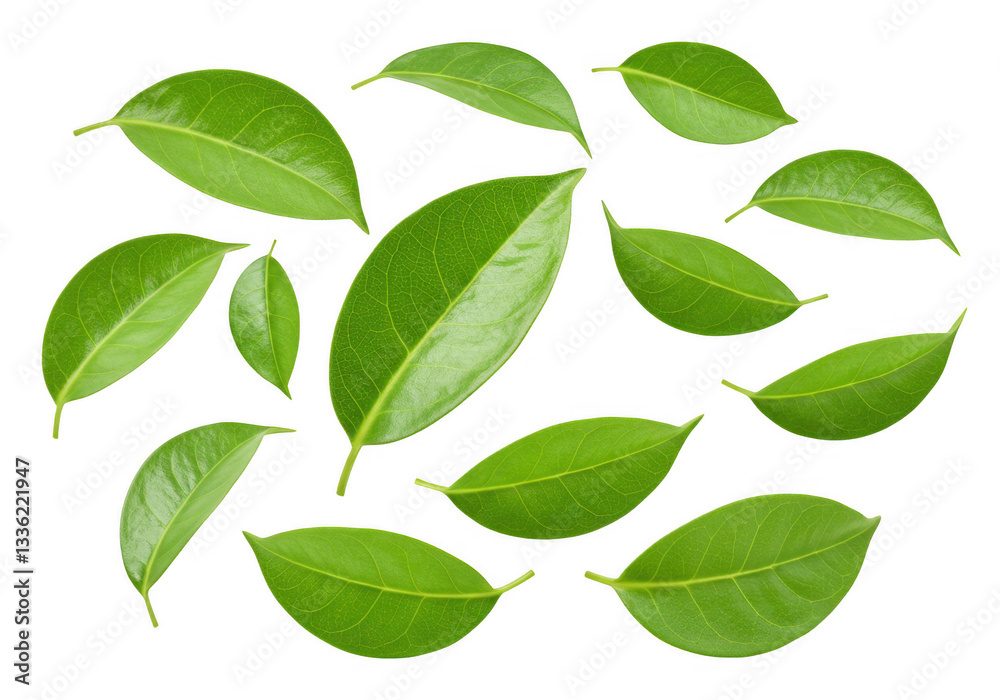 A collection of vibrant green leaves floating and swirling in mid-air isolated on transparent background A collection of vibrant green leaves floating and swirling in mid-air isolated on transparent background