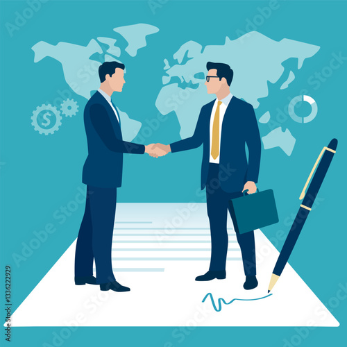 Agreement. Signing a contract. Business people shaking hands standing on a signed contract on the backdrop of a world map. Business vector illustration