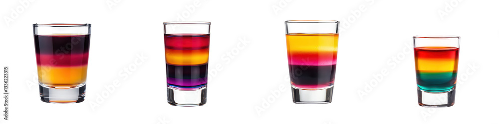 Vibrant and visually striking layered cocktail drinks presented in transparent glasses showcasing a spectrum of bright contrasting colors and a captivating visual appeal Vibrant and visually striking layered cocktail drinks presented in transparent glasses showcasing a spectrum of bright contrasting colors and a captivating visual appeal