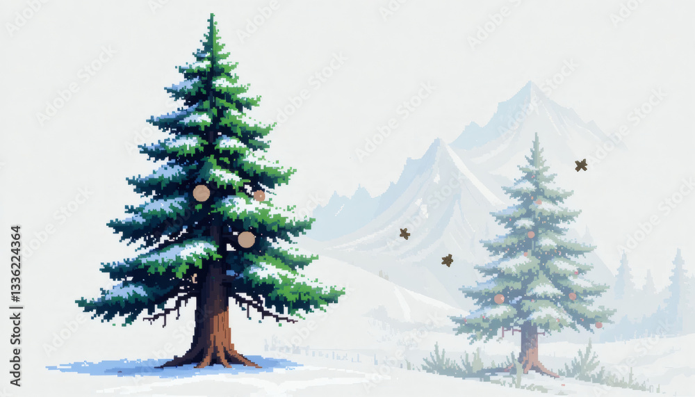 Fototapeta premium Pixel pine tree with detailed shading, classic wintery 8-bit retro style, isolated on white background
