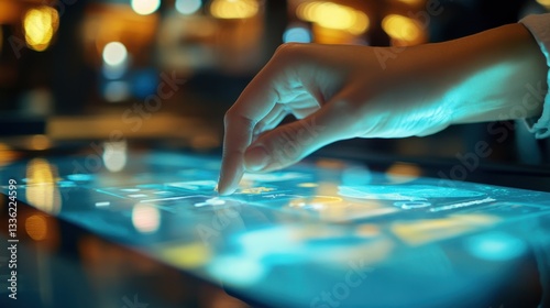 A close-up of a hand using tourism management software on a touchscreen device in a hotel reception area.