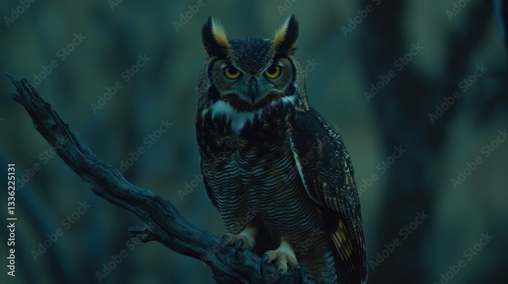 Obraz premium A Majestic Owl Perched on a Tree Branch at Dusk