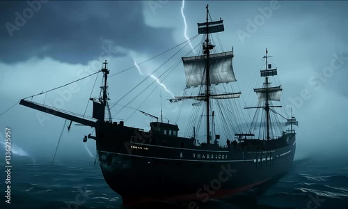 Ancient sailing ship facing a thunderstorm with lightning
