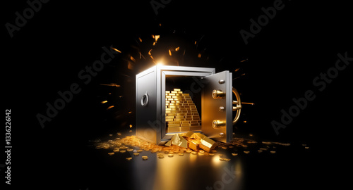 Open safe on black backdrop reveals shiny gold bars and coins spilling out, creating a sparkling effect. Wealth and security concept.
