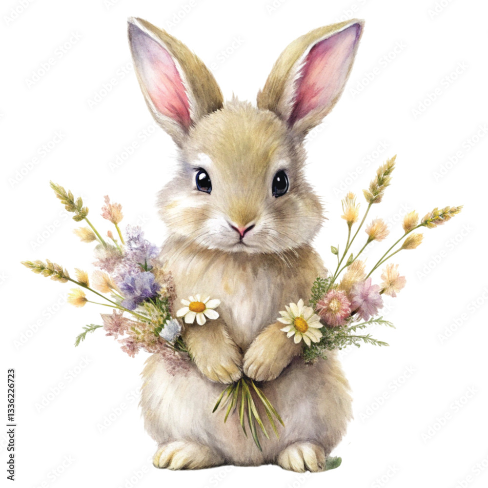 Cute rabbit holding flowers with two hands Clipart Watercolor Minimal Cute rabbit holding flowers with two hands Clipart Watercolor Minimal
