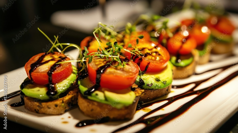 An elegant platter of avocado toast topped with cherry tomatoes, microgreens, and a drizzle of balsamic glaze An elegant platter of avocado toast topped with cherry tomatoes, microgreens, and a drizzle of balsamic glaze