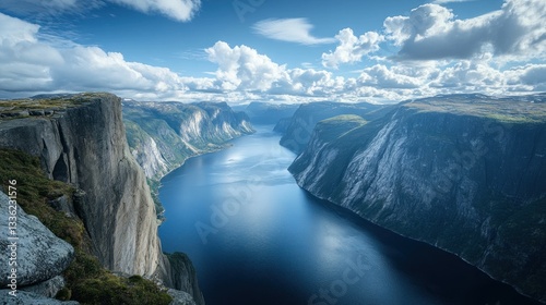 Spectacular panoramic vista of a Norwegian fjord surrounded by imposing cliffs