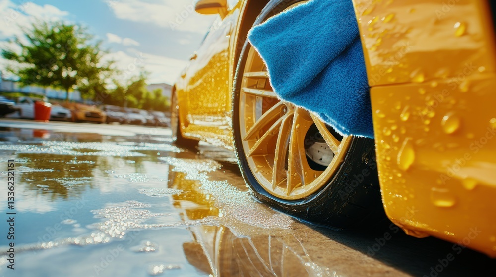 Naklejka premium Yellow Car Being Cleaned With Blue Cloth And Water