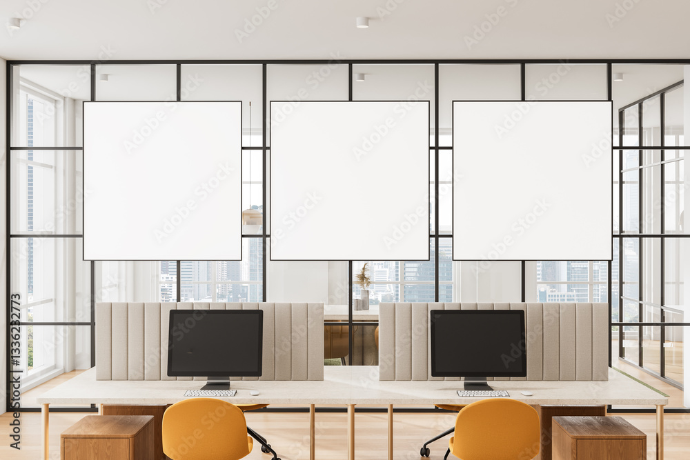 Fototapeta premium Modern office interior with three blank posters hanging on a glass partition. 3D Rendering