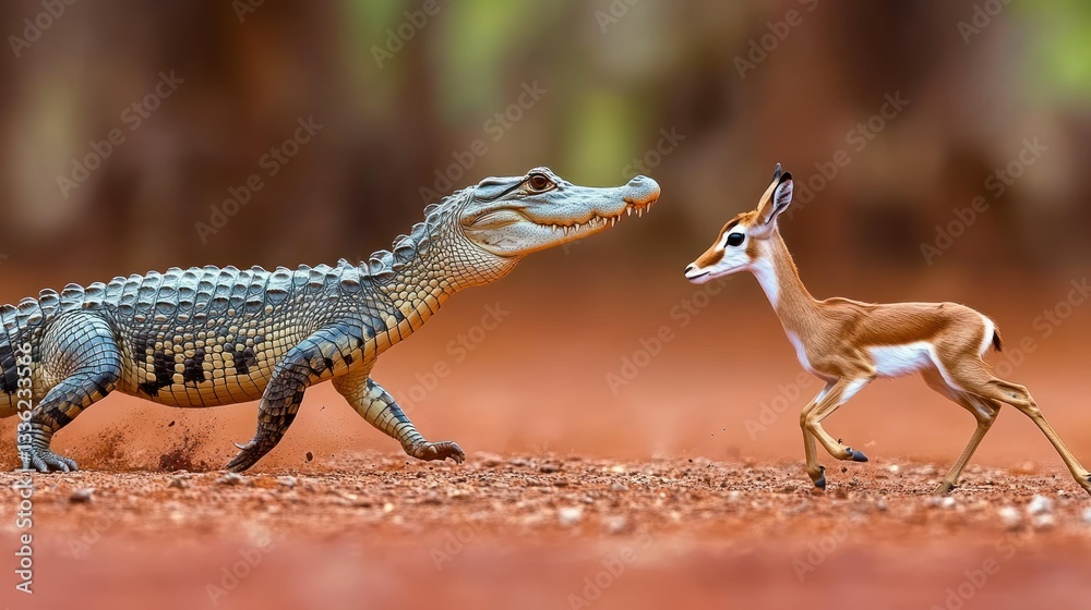 A crocodile pursuing a gazelle across a dusty reddish ground A crocodile pursuing a gazelle across a dusty reddish ground