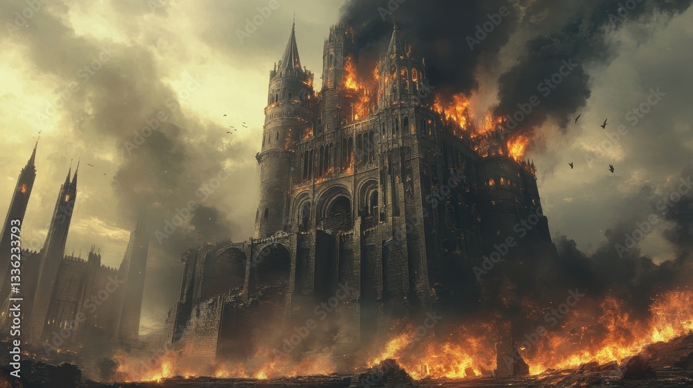 Fototapeta premium Majestic castle of burning bricks, its towering walls radiate warmth and strength against the twilight sky.