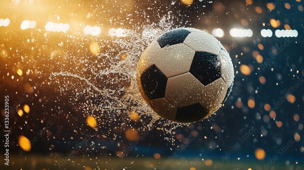 Naklejka premium Soccer ball mid-kick with splashing water droplets, capturing dynamic energy and motion. 