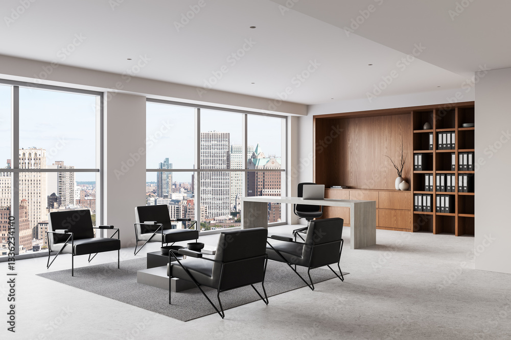 Fototapeta premium Modern executive office with large windows and cityscape view. 3D Rendering