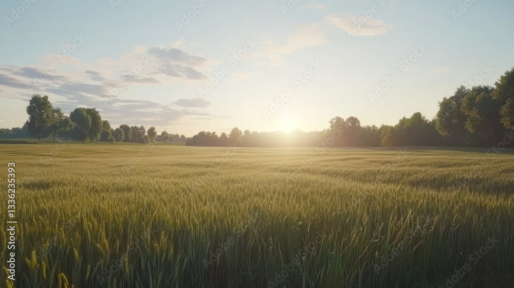Golden wheat field under the morning sun with surrounding trees Golden wheat field under the morning sun with surrounding trees