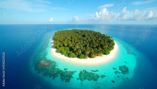 an aerial view of a small tropical island with lush green vegetation, surrounded by crystal-clear turquoise waters