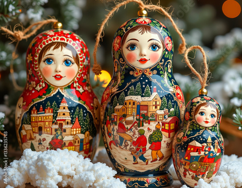 Hand-painted matryoshka ornament featuring nested winter scenes, a tribute to Slavic folklore, capturing the essence of winter traditions.
