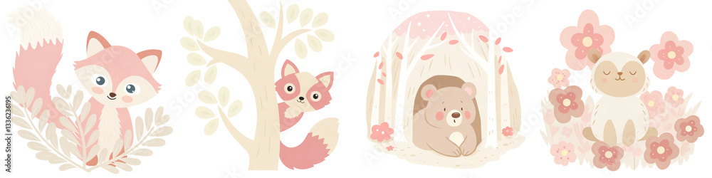 Cute illustrated animals, including a fox, squirrels, and a bear, surrounded by trees and flowers, creating a whimsical nature scene. Cute illustrated animals, including a fox, squirrels, and a bear, surrounded by trees and flowers, creating a whimsical nature scene.