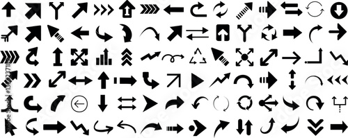 flat arrow icons set. Directional arrows, curved, straight, circular, and zigzag symbols. Navigation, movement, rotation, looping, and pointing elements. Vector black arrows for UI, infographic
