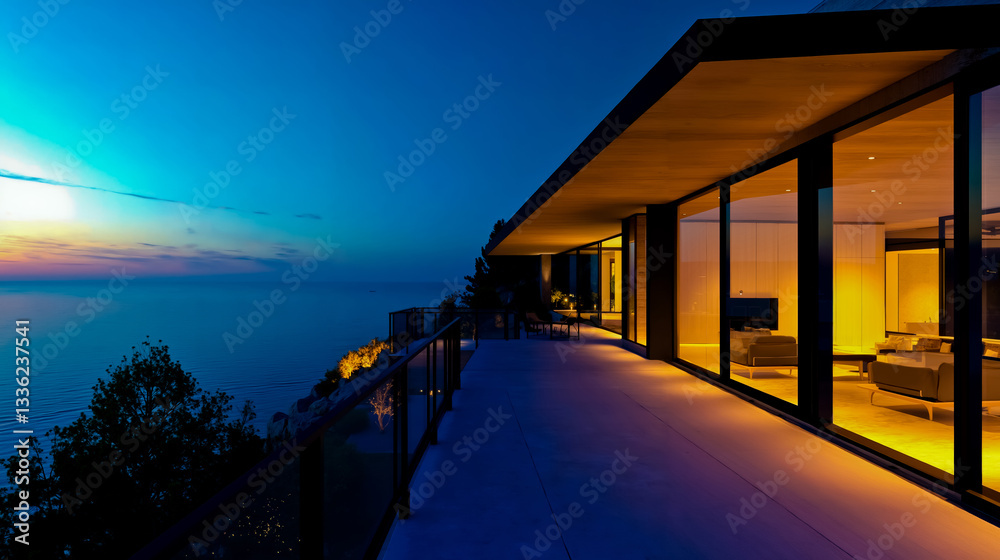 A view of the ocean from the balcony of a modern house at night A view of the ocean from the balcony of a modern house at night