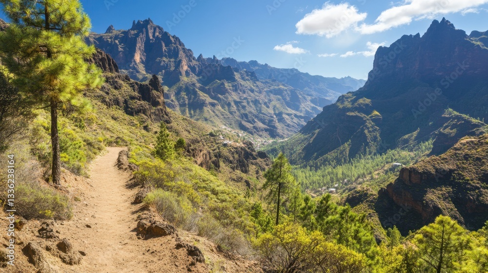 A scenic mountain trail with rugged terrain, surrounded by towering peaks and deep valleys, perfect for adventure tourism. A scenic mountain trail with rugged terrain, surrounded by towering peaks and deep valleys, perfect for adventure tourism.