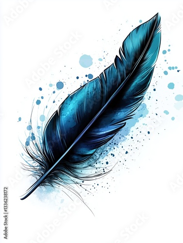 Watercolor painting of a single dark blue pen with watercolor splashes and droplets, ink drawing with watercolor on white watercolor paper