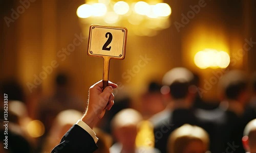 Auctioneer Raising Number Two Paddle in Ballroom