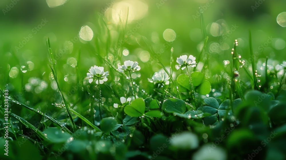 The white clover leaves peeking through the lush green grass, adorned with glistening morning dew as the day begins to unfold
