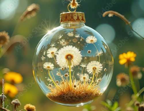 Resin-encased dandelion ornament featuring floating seed parachutes, evoking childhood nostalgia and the delicate beauty of nature's design. photo