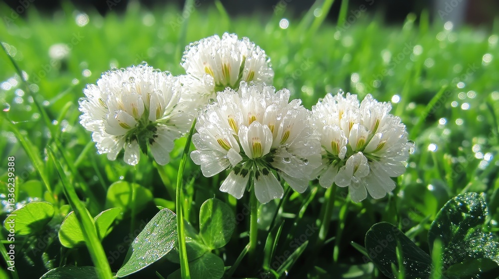 White clover gently rests in the grass, kissed by droplets of morning dew, creating a peaceful and serene atmosphere in the early hours of the day White clover gently rests in the grass, kissed by droplets of morning dew, creating a peaceful and serene atmosphere in the early hours of the day