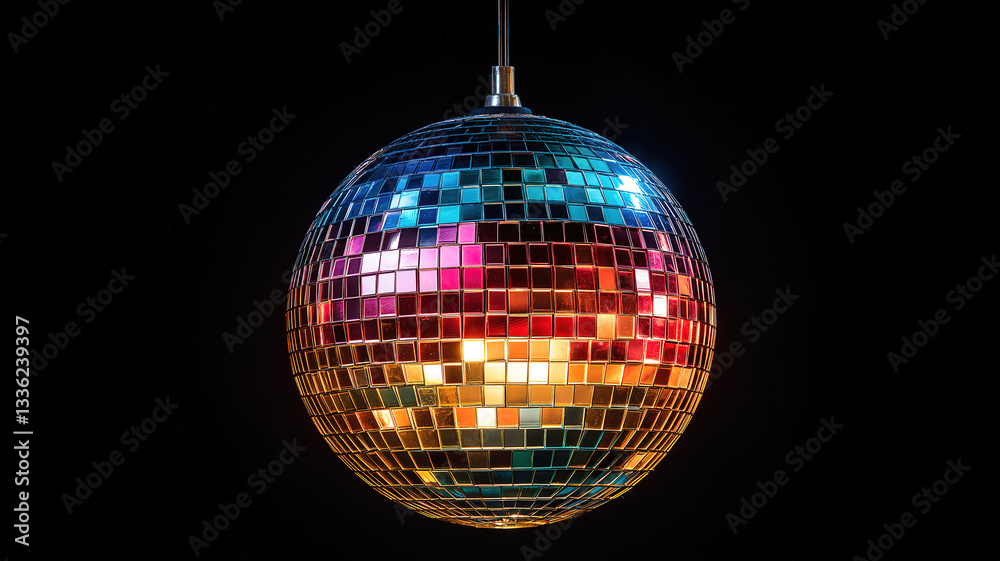 Obraz premium Colorful party lights radiating from a sparkling disco ball in a festive celebration setting