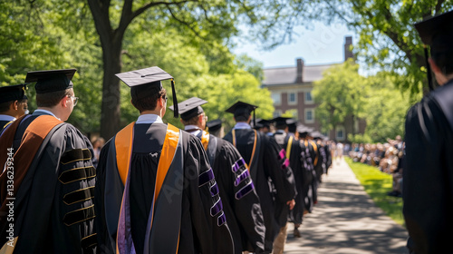 A university graduation scene where a line of students in caps and gowns, viewed from the back, walk in unison toward the commencement podium.
