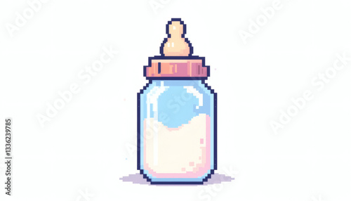 Pixel 8-bit baby bottle with cute milk droplet, retro pastel colors, isolated on white background