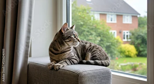 Fototapeta Photograph an Australian Mist Cat in a State of Relaxed Alertness, Observing Its Surroundings From a Comfortable Indoor Perch_