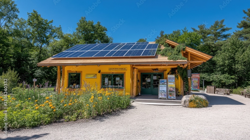 A solar-powered eco-tourism visitor center with local souvenirs, organic products, and sustainable travel guides. A solar-powered eco-tourism visitor center with local souvenirs, organic products, and sustainable travel guides.