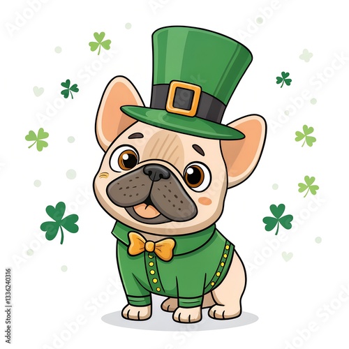French Bulldog in St. Patrick’s Day Outfit with Hat and Clover on Transparent Background
